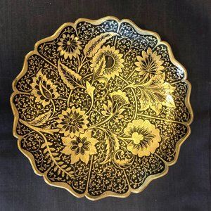 Vintage Brass/Black Enamel Scalloped Footed Dish